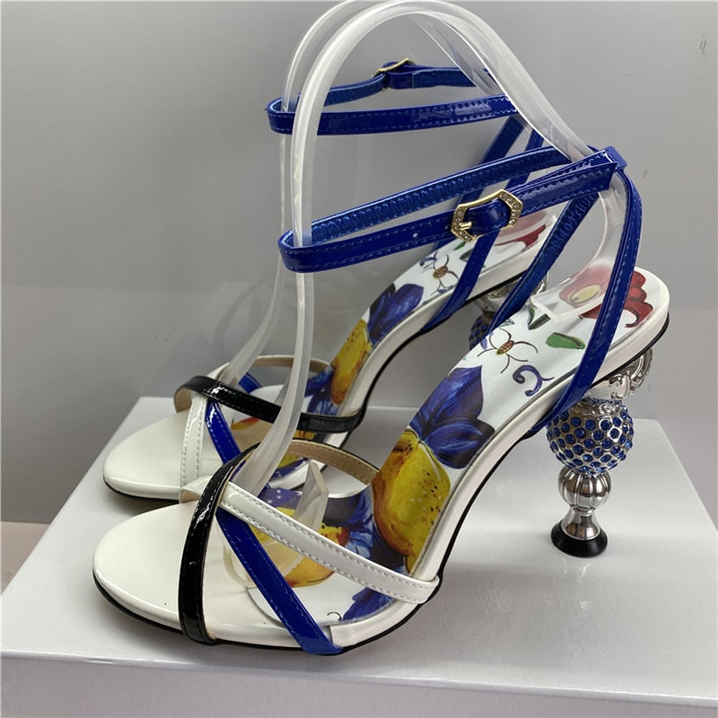 Jeweled Crystal Metal Strange Heel Sandals Women Sexy Cross Narrow Band Printed Flower Color 2024 Summer Banquet Shoes Woman Blue