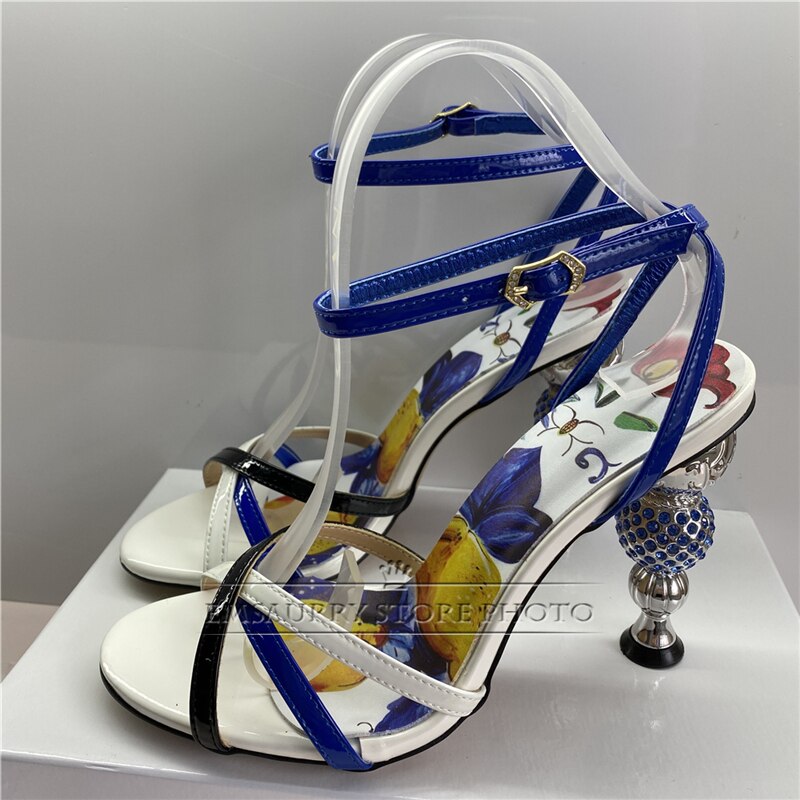 Jeweled Crystal Metal Strange Heel Sandals Women Sexy Cross Narrow Band Printed Flower Color 2024 Summer Banquet Shoes Woman