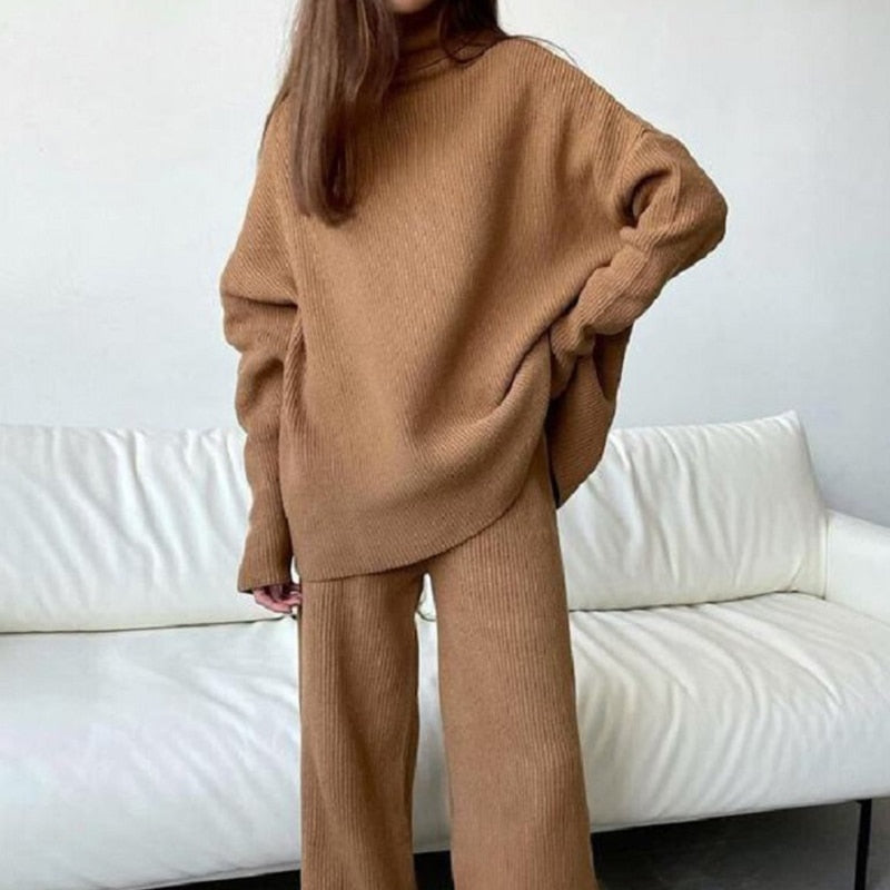 Jocoo Jolee Women Knitted Suit Soft Turtleneck Long Sleeve Sweater Wide Leg Pants Commuter 2 Pieces Sets Autumn Winter Homewear Dark Brown