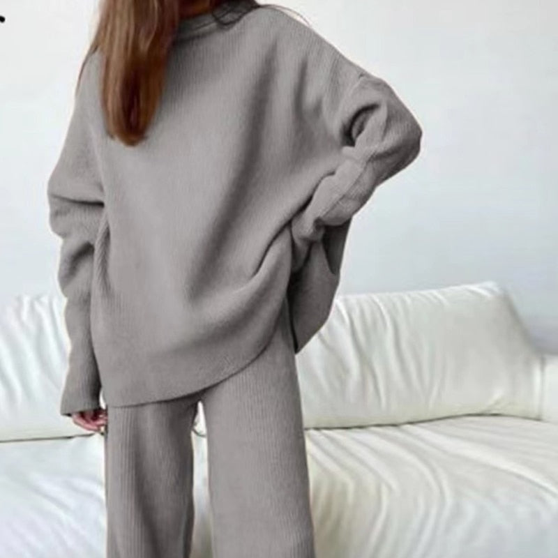 Jocoo Jolee Women Knitted Suit Soft Turtleneck Long Sleeve Sweater Wide Leg Pants Commuter 2 Pieces Sets Autumn Winter Homewear Gray
