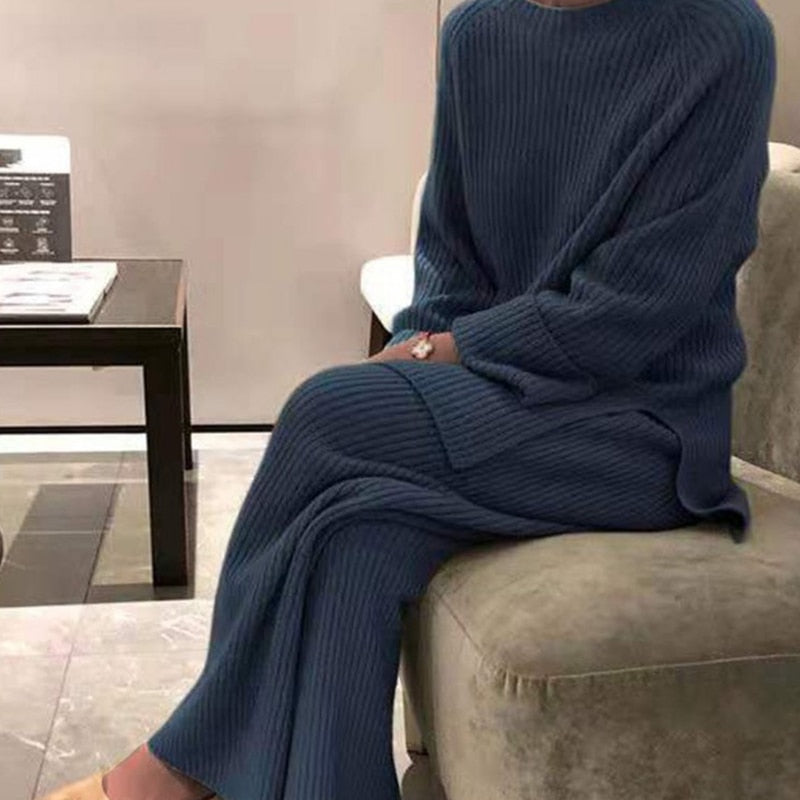Jocoo Jolee Women Loose Knit Sweater Suit Solid Color O Neck Pullover Wide Leg Pants Suit Autumn Winter 2 Pieces Set Homewear Blue
