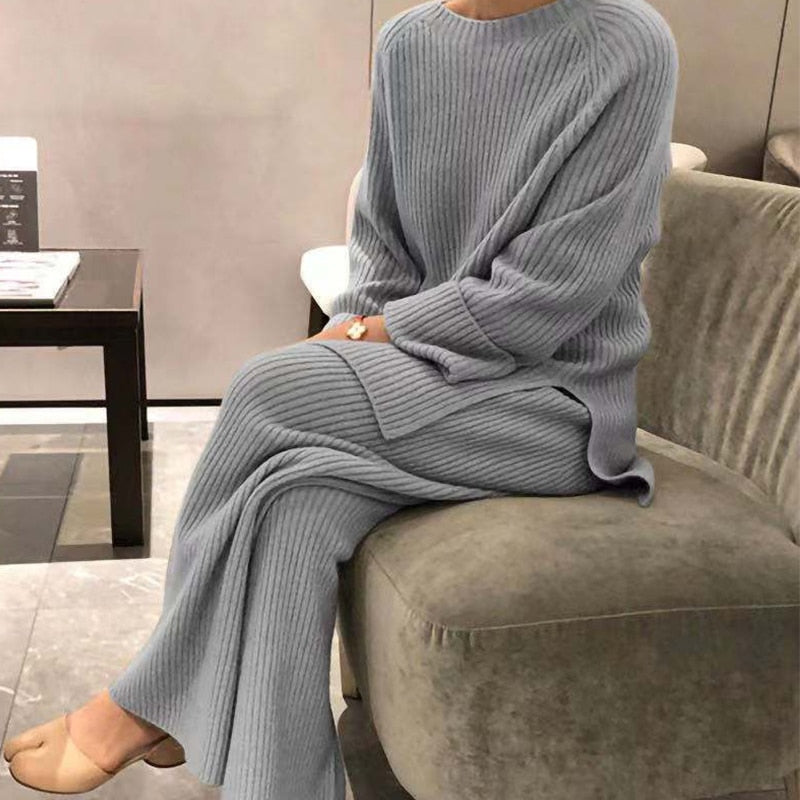 Jocoo Jolee Women Loose Knit Sweater Suit Solid Color O Neck Pullover Wide Leg Pants Suit Autumn Winter 2 Pieces Set Homewear Gray