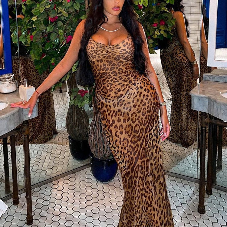 Julissa Mo Leopard Print V-Neck Sexy Bodycon Long Dress Women Lace Up Backless Summer Dresses Female Straps Party Beach Vestidos