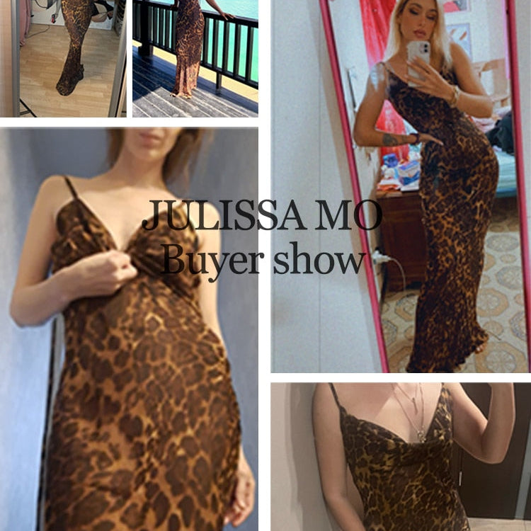 Julissa Mo Leopard Print V-Neck Sexy Bodycon Long Dress Women Lace Up Backless Summer Dresses Female Straps Party Beach Vestidos