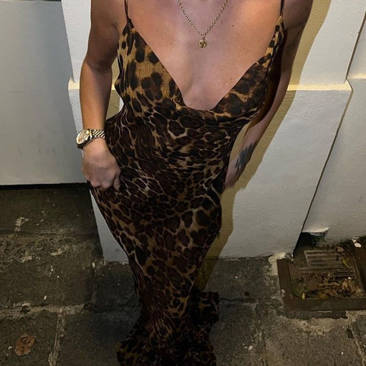 Julissa Mo Leopard Print V-Neck Sexy Bodycon Long Dress Women Lace Up Backless Summer Dresses Female Straps Party Beach Vestidos as photo