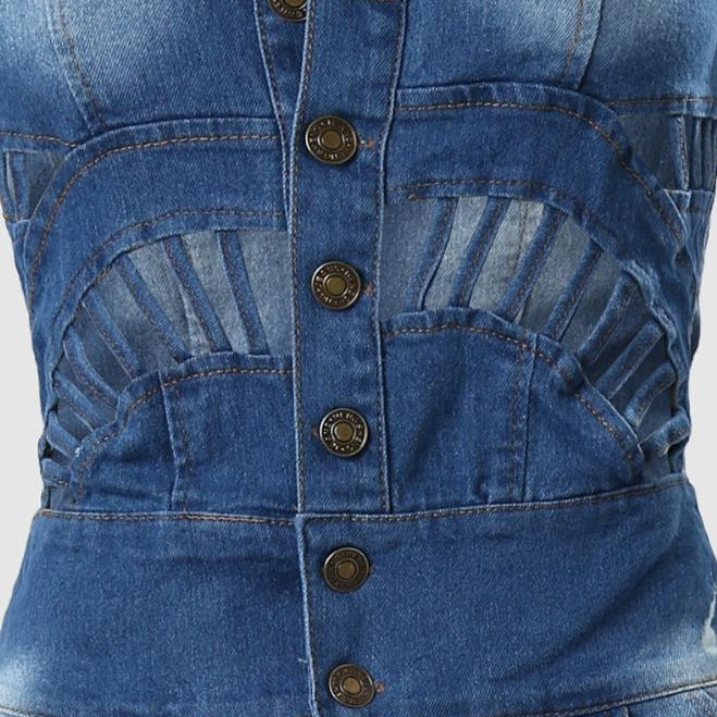 Jumpsuit 2024 Spring Fashion Buttoned Cutout Ripped Skinny Turn-Down Collar Sleeveless Denim Jumpsuit Y2K Streetwear