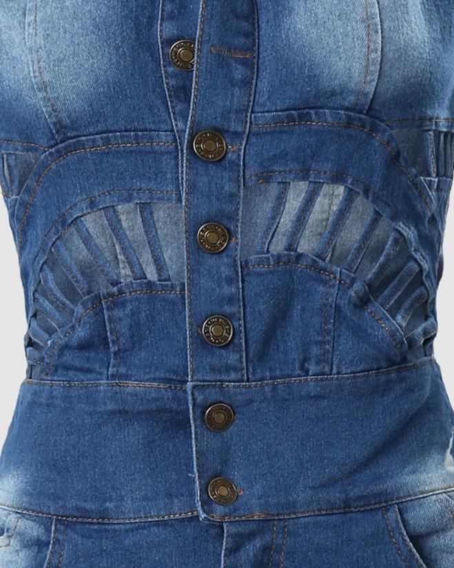 Jumpsuit 2024 Spring Fashion Buttoned Cutout Ripped Skinny Turn-Down Collar Sleeveless Denim Jumpsuit Y2K Streetwear