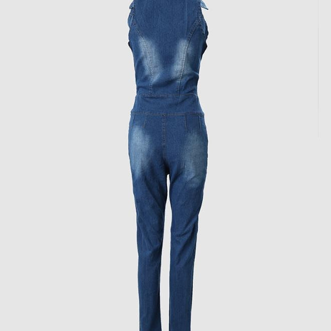 Jumpsuit 2024 Spring Fashion Buttoned Cutout Ripped Skinny Turn-Down Collar Sleeveless Denim Jumpsuit Y2K Streetwear