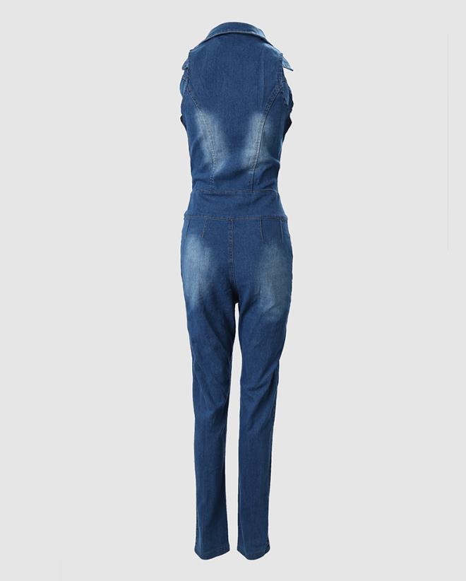 Jumpsuit 2024 Spring Fashion Buttoned Cutout Ripped Skinny Turn-Down Collar Sleeveless Denim Jumpsuit Y2K Streetwear