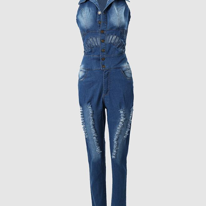 Jumpsuit 2024 Spring Fashion Buttoned Cutout Ripped Skinny Turn-Down Collar Sleeveless Denim Jumpsuit Y2K Streetwear