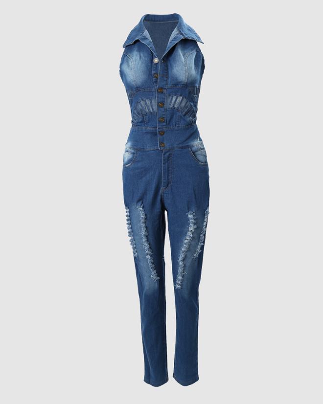 Jumpsuit 2024 Spring Fashion Buttoned Cutout Ripped Skinny Turn-Down Collar Sleeveless Denim Jumpsuit Y2K Streetwear
