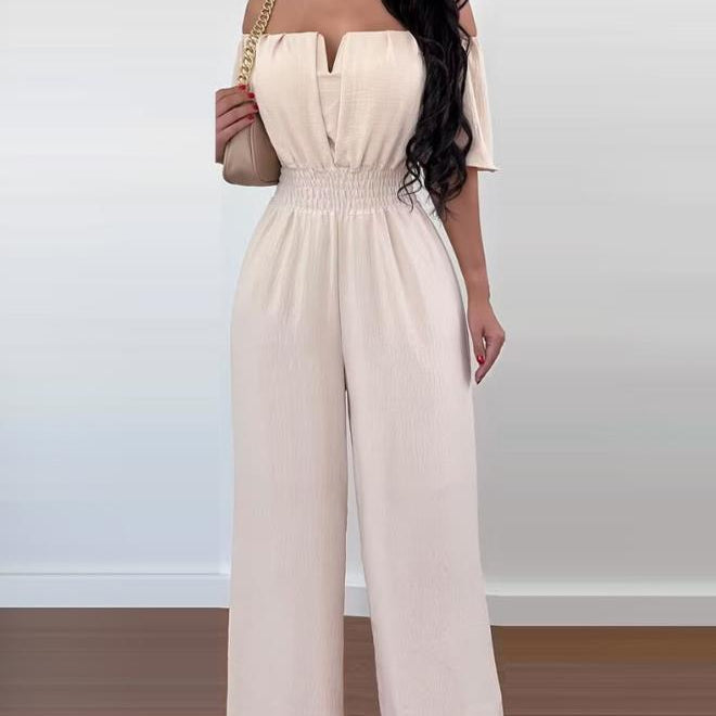 Jumpsuits for Women 2024 Spring Fashion Off Shoulder Casual Plain Short Sleeve Shirred Waist Daily Long Wide Leg Jumpsuit G