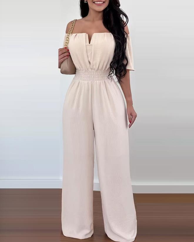 Jumpsuits for Women 2024 Spring Fashion Off Shoulder Casual Plain Short Sleeve Shirred Waist Daily Long Wide Leg Jumpsuit G
