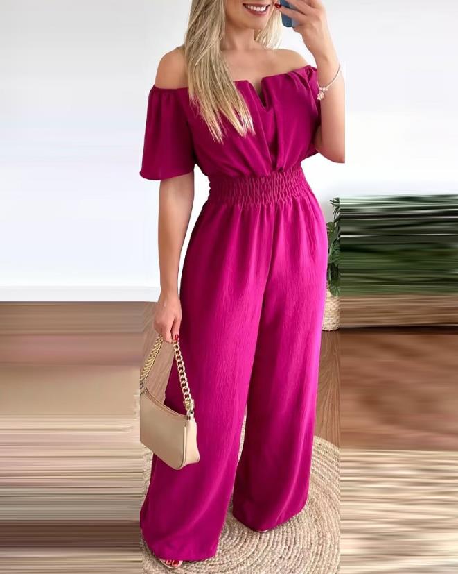 Jumpsuits for Women 2024 Spring Fashion Off Shoulder Casual Plain Short Sleeve Shirred Waist Daily Long Wide Leg Jumpsuit C