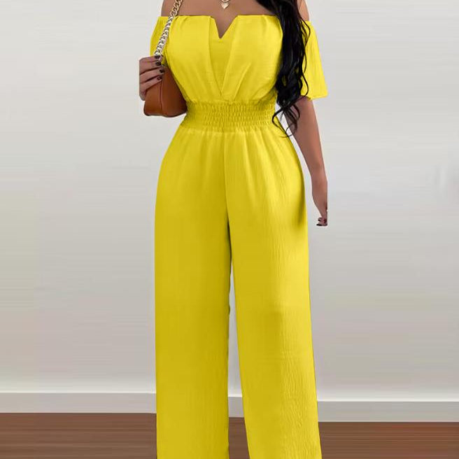 Jumpsuits for Women 2024 Spring Fashion Off Shoulder Casual Plain Short Sleeve Shirred Waist Daily Long Wide Leg Jumpsuit F