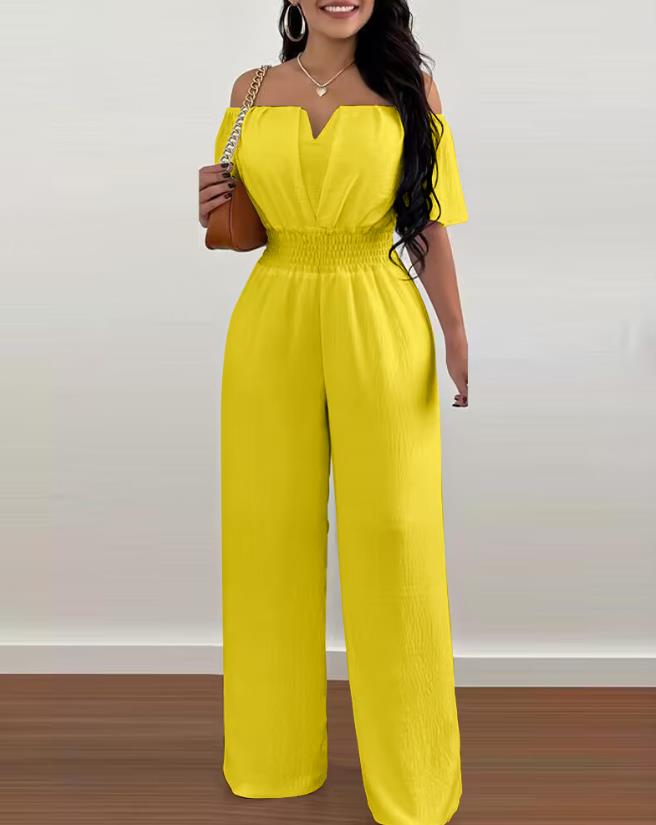 Jumpsuits for Women 2024 Spring Fashion Off Shoulder Casual Plain Short Sleeve Shirred Waist Daily Long Wide Leg Jumpsuit F