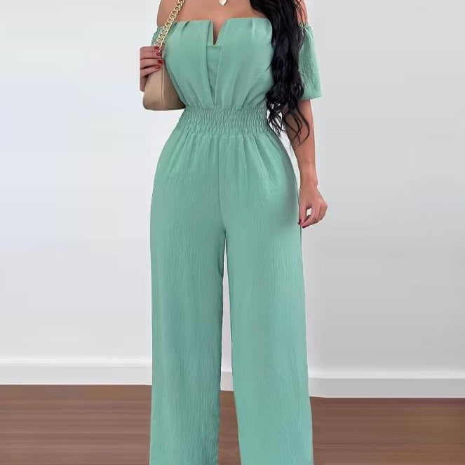 Jumpsuits for Women 2024 Spring Fashion Off Shoulder Casual Plain Short Sleeve Shirred Waist Daily Long Wide Leg Jumpsuit D