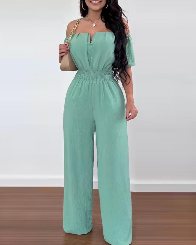 Jumpsuits for Women 2024 Spring Fashion Off Shoulder Casual Plain Short Sleeve Shirred Waist Daily Long Wide Leg Jumpsuit D