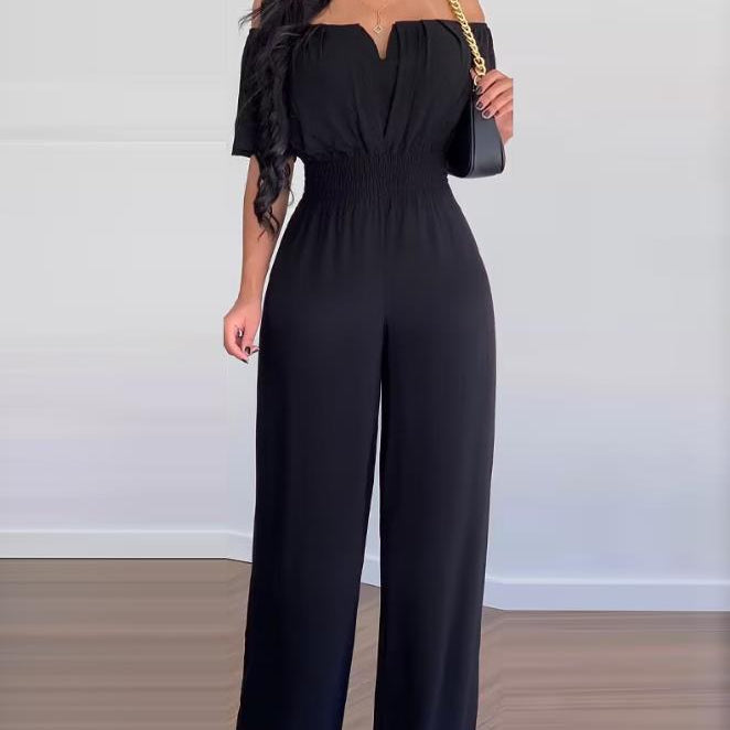 Jumpsuits for Women 2024 Spring Fashion Off Shoulder Casual Plain Short Sleeve Shirred Waist Daily Long Wide Leg Jumpsuit B