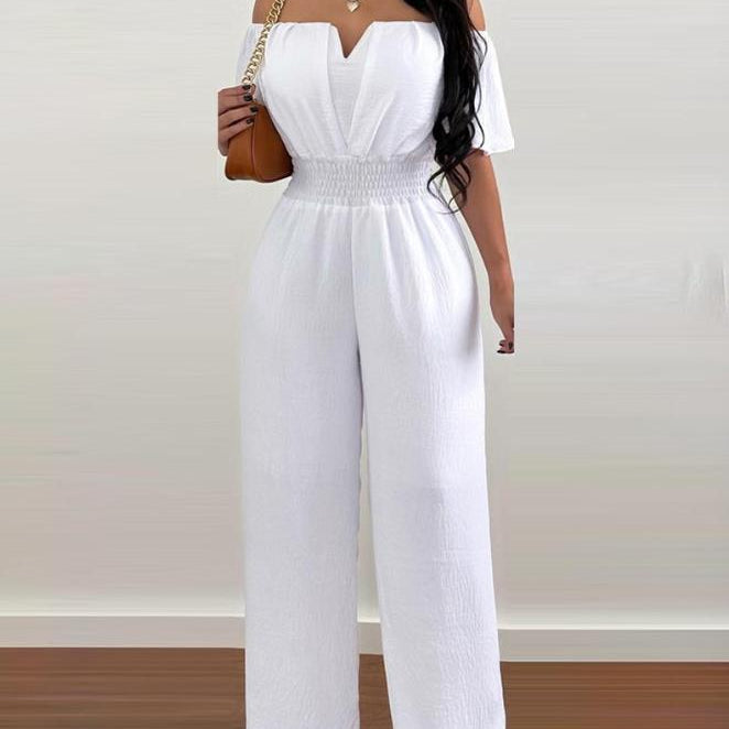 Jumpsuits for Women 2024 Spring Fashion Off Shoulder Casual Plain Short Sleeve Shirred Waist Daily Long Wide Leg Jumpsuit AMAIO