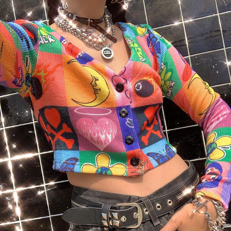 JyoJyo Cardigan women cropped V-Neck buttons Sexy short Casual coats Halloween carton print Autumn V-neck Long Sleeve Streetwear 3