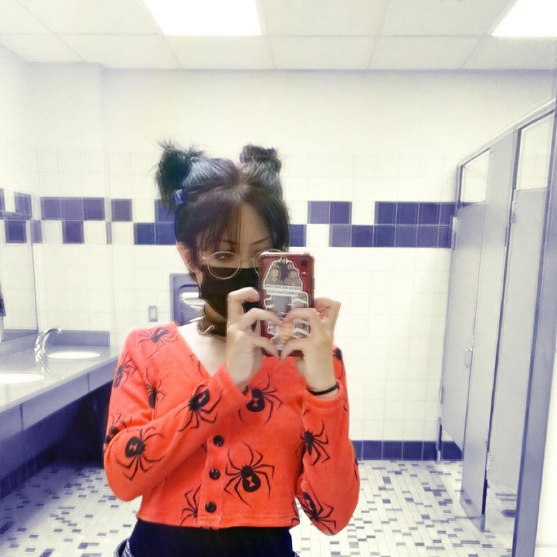 JyoJyo Cardigan women cropped V-Neck buttons Sexy short Casual coats Halloween carton print Autumn V-neck Long Sleeve Streetwear