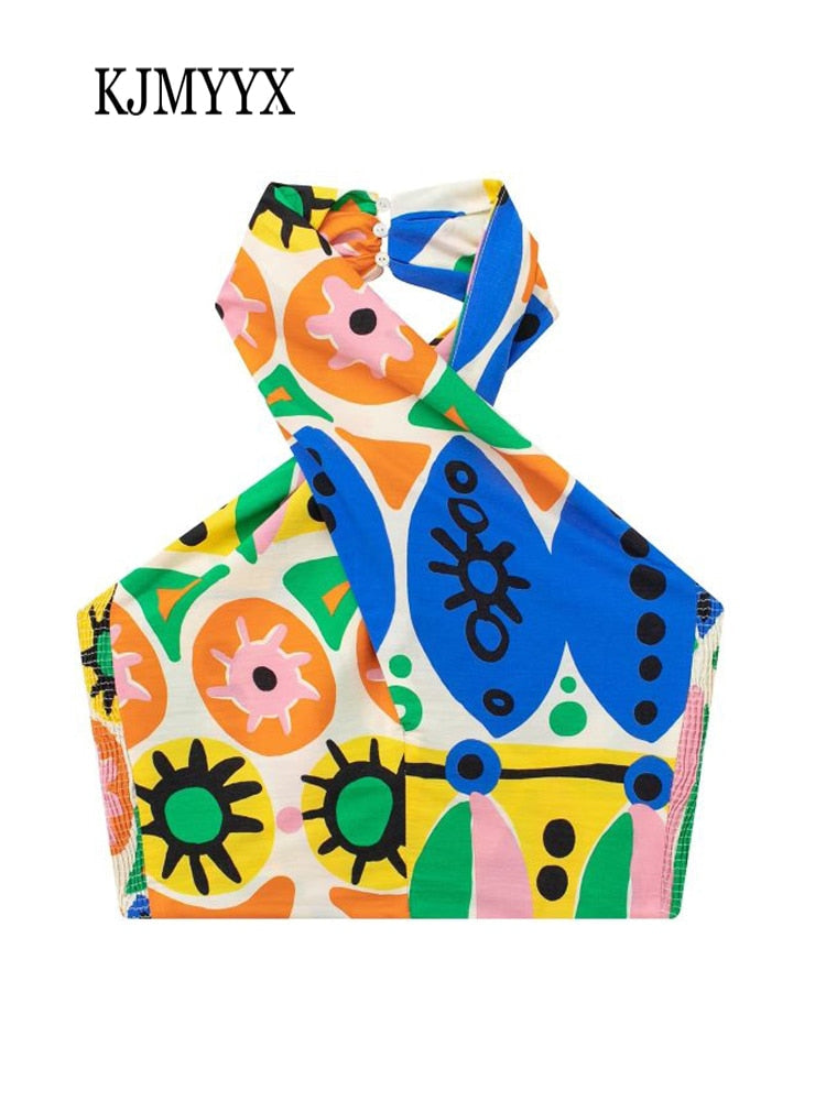 KJMYYX 2024 Fashion Summer Print Skirt Sets For Women Female Causal Halter Sleeveless Camisole Tops A-Line Mid-Calf Skirt