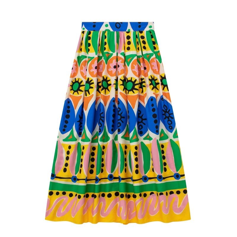 KJMYYX 2024 Fashion Summer Print Skirt Sets For Women Female Causal Halter Sleeveless Camisole Tops A-Line Mid-Calf Skirt AE099Skirt