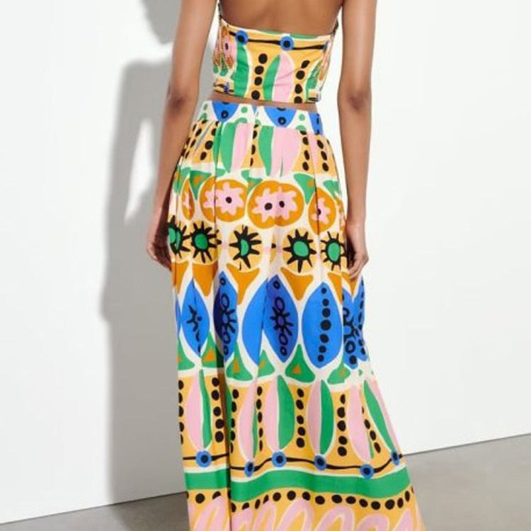 KJMYYX 2024 Fashion Summer Print Skirt Sets For Women Female Causal Halter Sleeveless Camisole Tops A-Line Mid-Calf Skirt