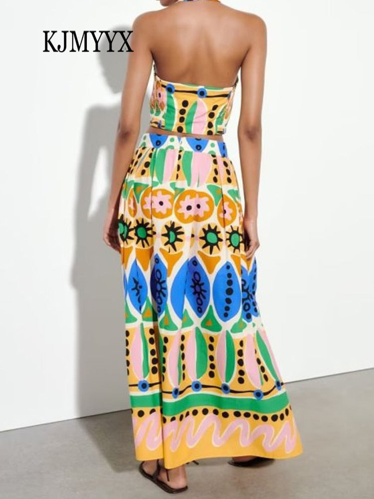 KJMYYX 2024 Fashion Summer Print Skirt Sets For Women Female Causal Halter Sleeveless Camisole Tops A-Line Mid-Calf Skirt