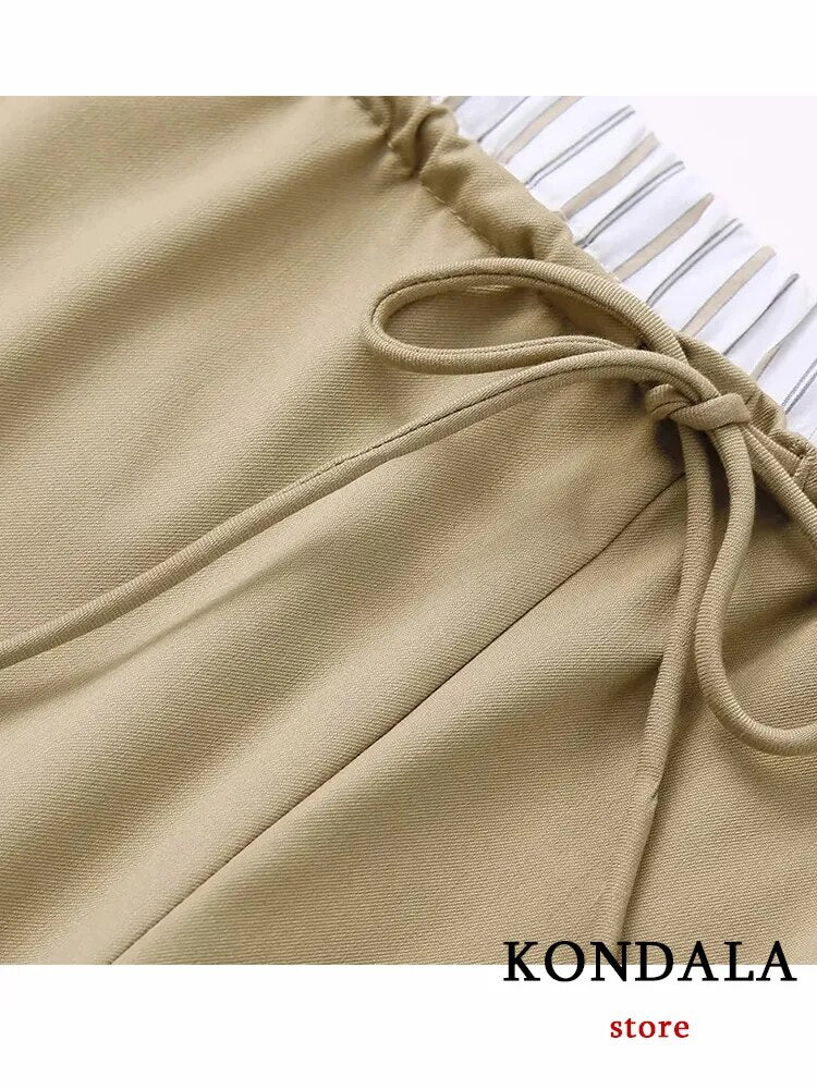 KONDALA Vintage Khaki Office Lady Suit V-Neck Single Button Sleeveless Vest High Waist Long Straight Pants Fashion 2024 Autumn