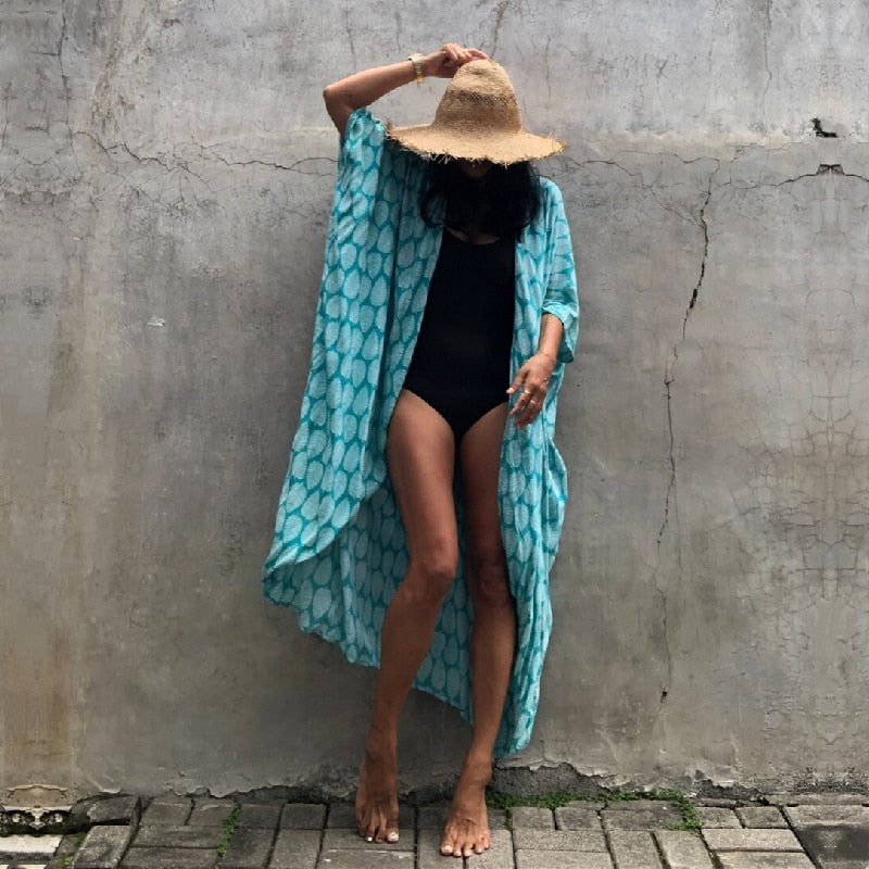 Kaftan Beach Tunic Beach Cover up Saida de Praia Swimsuit Cyan Leaves One Size