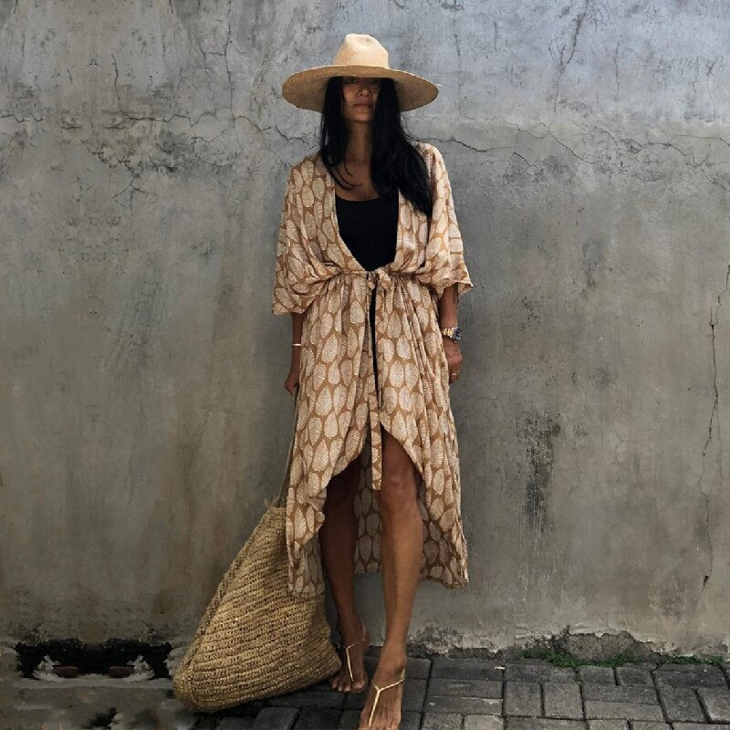 Kaftan Beach Tunic Beach Cover up Saida de Praia Swimsuit Beige One Size