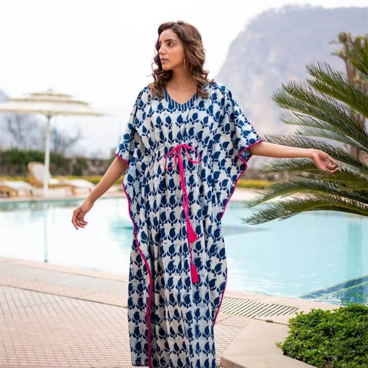 Kaftan Embroidery Beach Cover up Saida de Praia Swimsuit Women Bikini cover up Tunics for Beach Pareo Sarong Beachwear Blue One Size