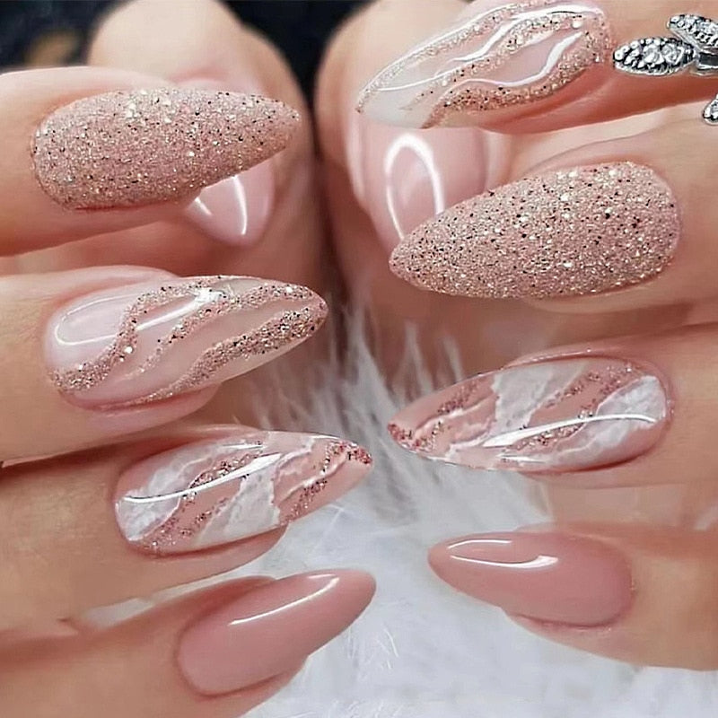 Kawaii Barbie Handmade Nails Almond False Nails Long Stiletto Fake Nails with Flame Design Wearable Press on Nails Full Cover Nail Tips Manicure Tools 2362