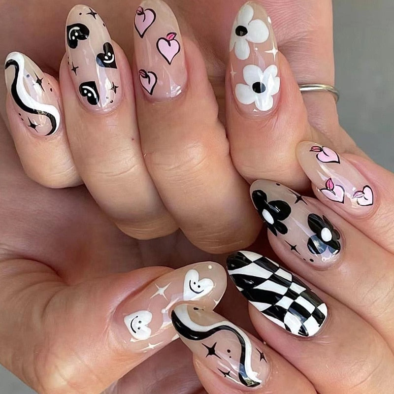 Kawaii Barbie Handmade Nails Almond False Nails Long Stiletto Fake Nails with Flame Design Wearable Press on Nails Full Cover Nail Tips Manicure Tools 209