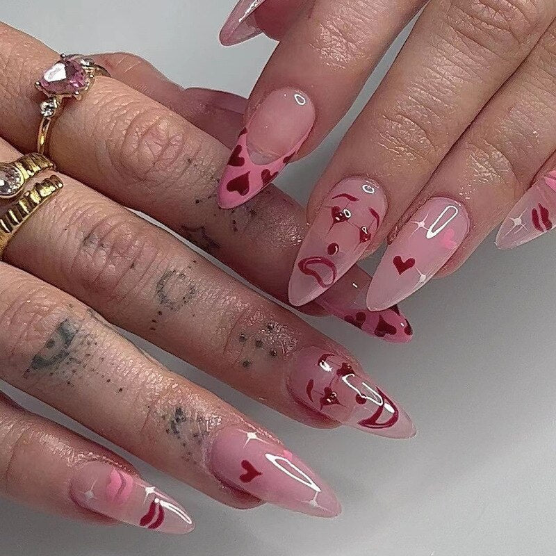 Kawaii Barbie Handmade Nails Almond False Nails Long Stiletto Fake Nails with Flame Design Wearable Press on Nails Full Cover Nail Tips Manicure Tools 2416