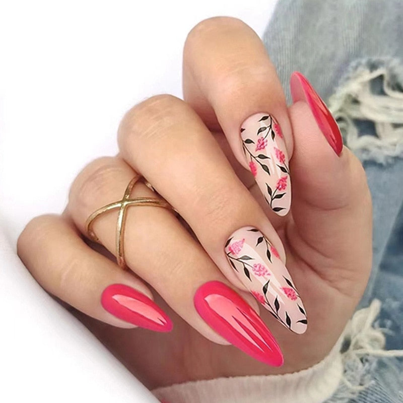 Kawaii Barbie Handmade Nails Almond False Nails Long Stiletto Fake Nails with Flame Design Wearable Press on Nails Full Cover Nail Tips Manicure Tools 447