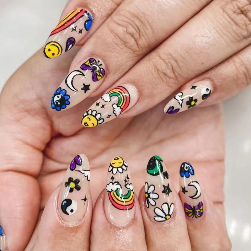 Kawaii Barbie Handmade Nails Almond False Nails Long Stiletto Fake Nails with Flame Design Wearable Press on Nails Full Cover Nail Tips Manicure Tools 77