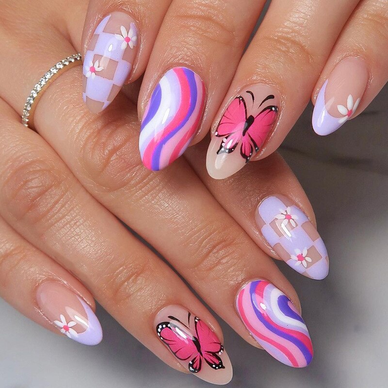 Kawaii Barbie Handmade Nails Almond False Nails Long Stiletto Fake Nails with Flame Design Wearable Press on Nails Full Cover Nail Tips Manicure Tools 225