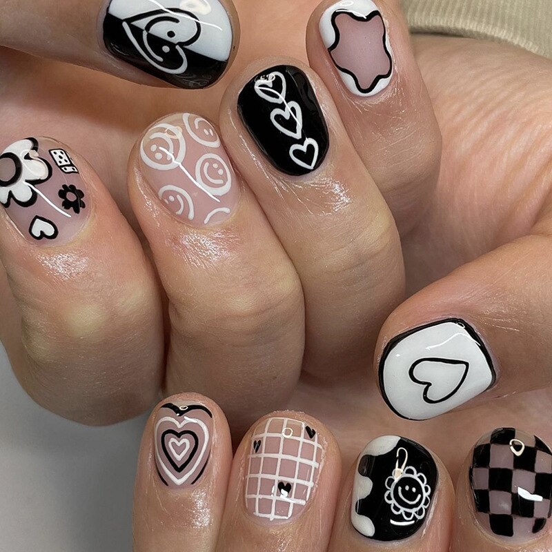 Kawaii Barbie Handmade Nails Almond False Nails Long Stiletto Fake Nails with Flame Design Wearable Press on Nails Full Cover Nail Tips Manicure Tools 202