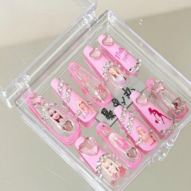 Kawaii Barbie Handmade Nails Patch Stickers Anime Y2K Cartoon Long Coffin Stiletto Wearable Fake Nails Art Manicure Jewelry Gift AMAIO