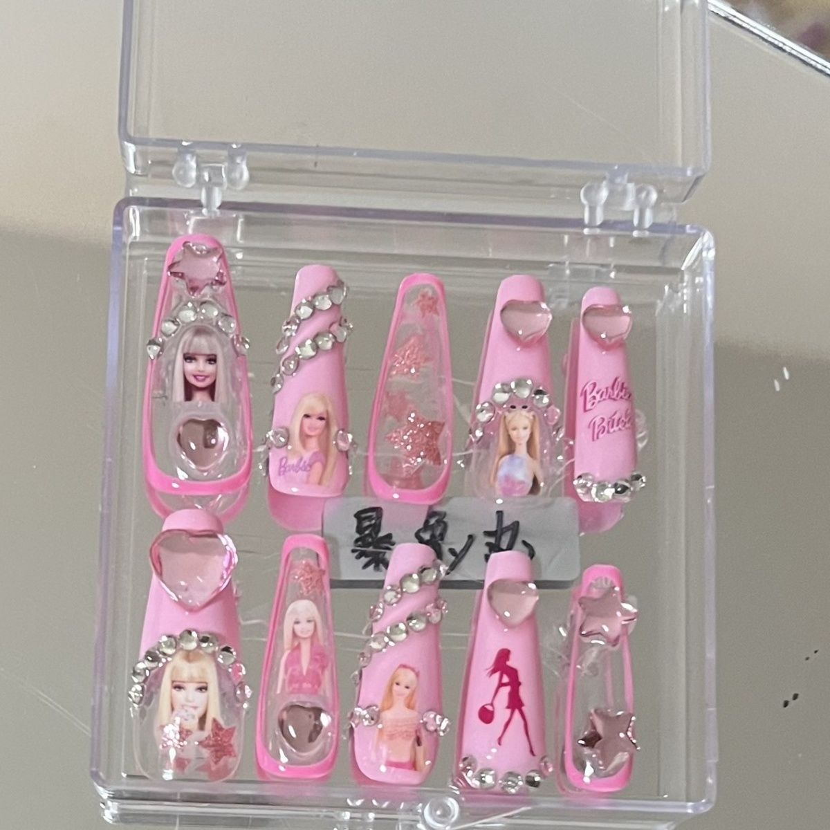 Kawaii Barbie Handmade Nails Patch Stickers Anime Y2K Cartoon Long Coffin Stiletto Wearable Fake Nails Art Manicure Jewelry Gift