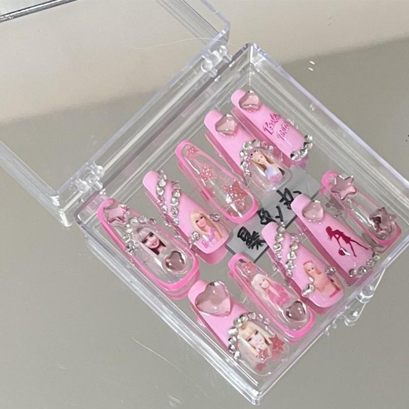 Kawaii Barbie Handmade Nails Patch Stickers Anime Y2K Cartoon Long Coffin Stiletto Wearable Fake Nails Art Manicure Jewelry Gift