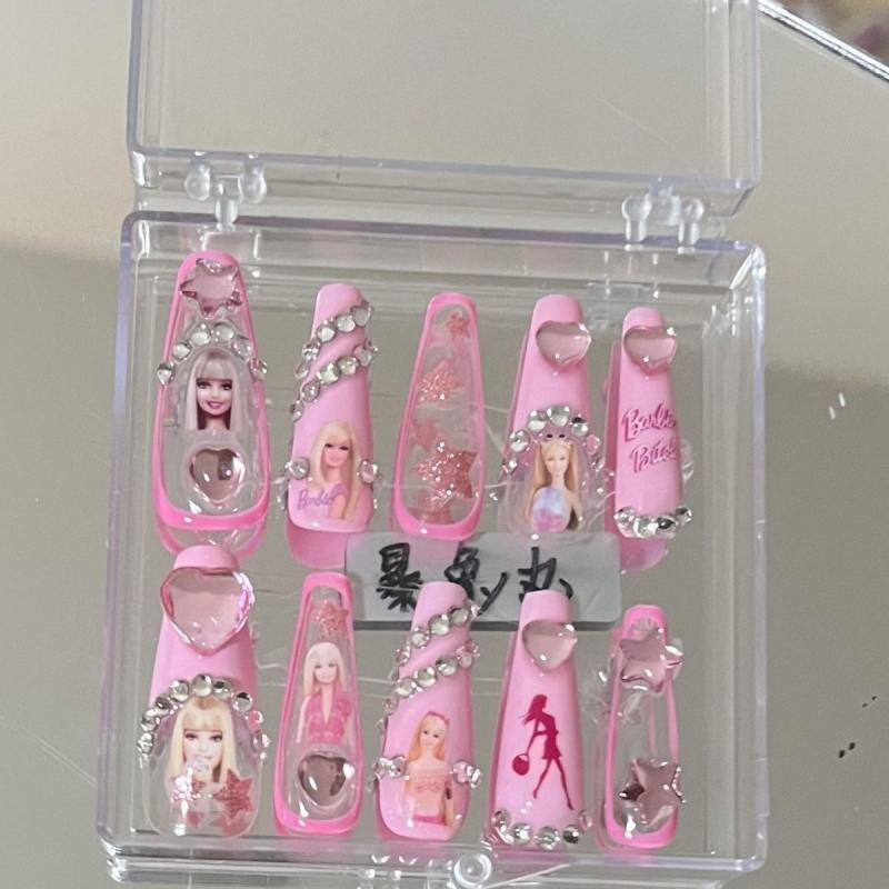 Kawaii Barbie Handmade Nails Patch Stickers Anime Y2K Cartoon Long Coffin Stiletto Wearable Fake Nails Art Manicure Jewelry Gift