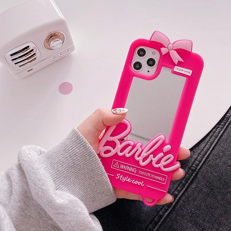Kawaii Barbie Phone Case for 11 12 13 14 Pro Max Mini Xsmax Xr Xs X 6 7 8 Plus Se Anime Doll Pendant Fashion Cover with Mirror AMAIO