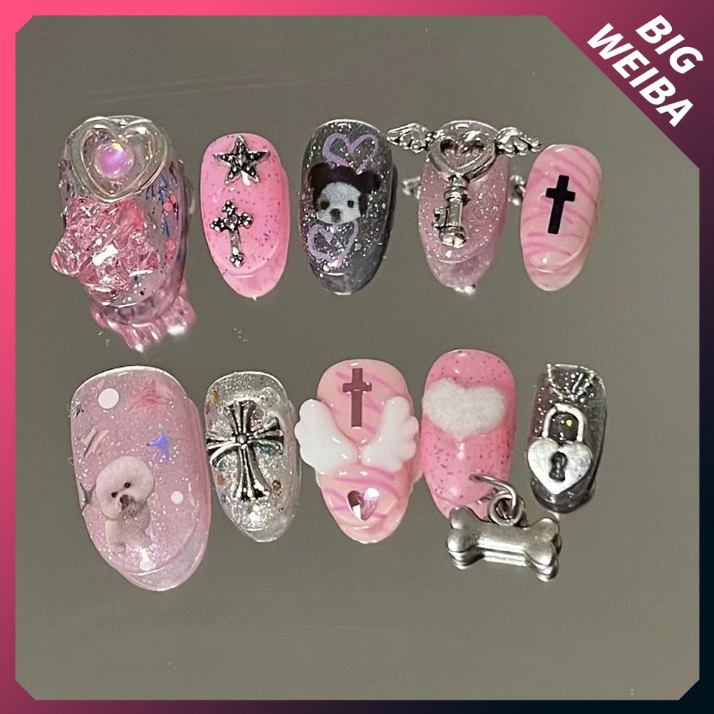 Kawaii Cute Cat Dog Animal Short Pink Purple Nail Slice Bowknot Customizable False Nail Handmade Reusable Nails Sticker Gift 2