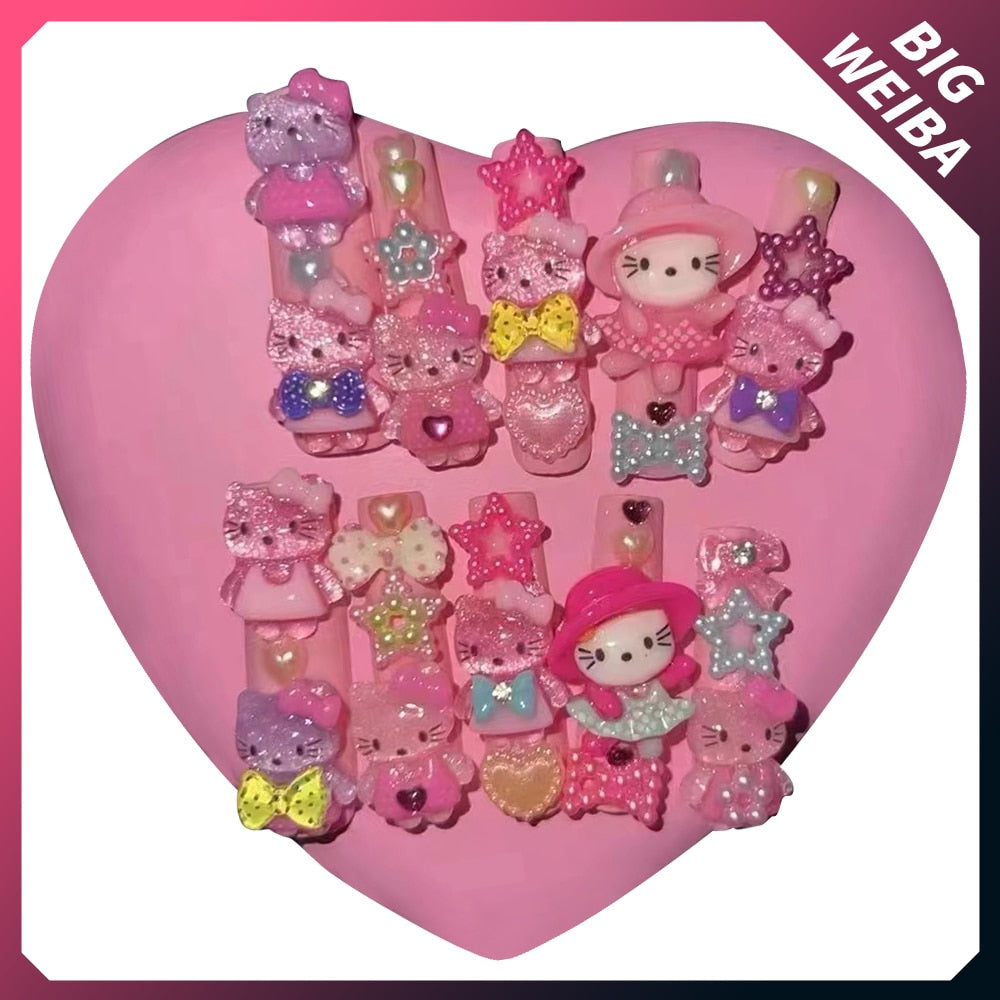 Kawaii Hello Kitty Super Long Coffin Nails Cartoon Cute Pink 3D Handmade Hot Girl Y2K Long Nails Sticker Girls Gift Accessories