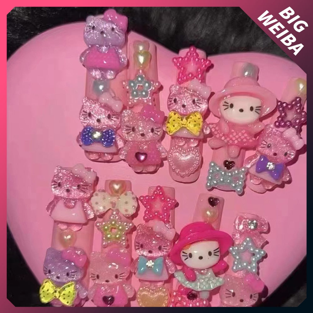 Kawaii Hello Kitty Super Long Coffin Nails Cartoon Cute Pink 3D Handmade Hot Girl Y2K Long Nails Sticker Girls Gift Accessories