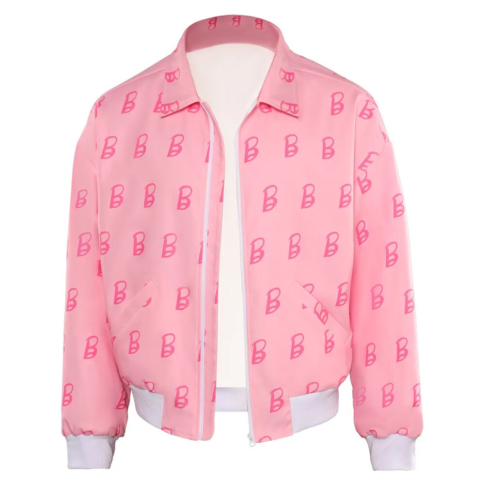 Ken Cosplay Costume Pink Coat Movie Barbier Printed Black Jacket Men Adult Outfit Outwear Halloween Carnival Party Role Suit